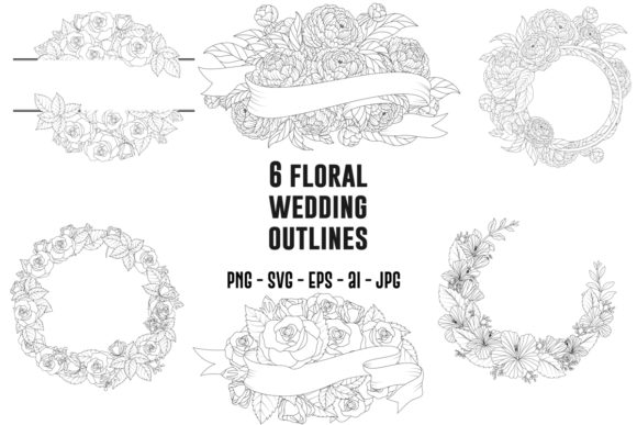 Set of 6 Floral Wedding Outline Graphics